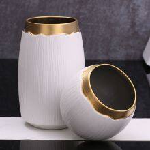 Wide Mouthed White Stripe Gild Hand Made Ceramic Vase For Hallway Decoration thumbnail-2