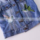 S60591B 2017 Girls Vest Turn Collar Children Clothes Bird Embroidery Waistcoats Sleeveless Kids Jeans Jackets thumbnail-5