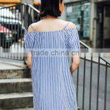 Dresses 2017 Summer Blue Stripe One off Shoulder Dress Lazy and Comfortable Fashion Summer Street Style Daily Dress thumbnail-2