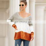 Girls Stylish Deep V Neck Drop Shoulder Colors Computer Knitted Women Loose Fit Pullover Sweater thumbnail-4
