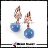 Round Blue Bead Stud Earring With Gold Wing thumbnail-1