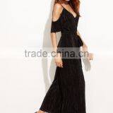 Black Cold Shoulder Self Tie Pleated Jumpsuit Polyester Spandex Half Sleeve V Neck Elegant Jumpsuit Dress thumbnail-3