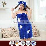 Microfiber Bluecolor Soft Velour Printed Woman Bathrobe With Bath Cap