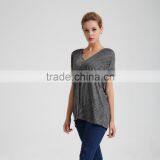 Women's Zipped V Neck Knit Slub Jersey Top With Cuff Sleeves thumbnail-2