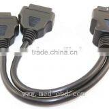 OBD2 Splitter Y Cable, J1962M to 2 J1962F, 1 Male to 2 Female, 1ft