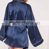 2017 New Arrival Pyjamas Kimono Silk Robe Navy Contrast Piping Embroidered Logo Shirt Dress With Tie Waist thumbnail-2