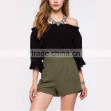 Short Sleeve Plain Textured Woven Women off Shoulder Blouse thumbnail-4