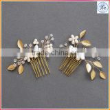 wholesale Fashion Hair Accessories Gold Leaf Bridal Hair Comb Pearl Crystal Flower Hair Pins