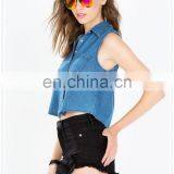 Woman Fashion Single Chest Pocket Cropped Denim Sexy Cotton Shirt thumbnail-6