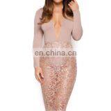 Mika72304 2017Womens V Neck Plunge Stretch Plain Long Sleeve Leotard Top Ladies Bodysuit in Pink thumbnail-2