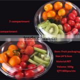 3 compartment plastic round salad container/ dry food storage container/fruit storage box with compartments