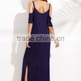 Woman Navy Pocket Cold Shoulder Split Maxi Dress thumbnail-5
