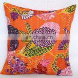 Orange Handmade Embroidery Work Kantha Cushion Pillow Cover Throw Indian floral Printed Home Ethnic Decorative art 16*