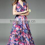2016 New Spring/summer Women Europe High Quality V-neck Roses Printing Chiffon Dress Posed Long Skirt Waist thumbnail-2