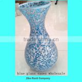 Table Decoration Fluted Shimmer Crackle Mosaic Antique Blue Glass Vases for Centerpiece