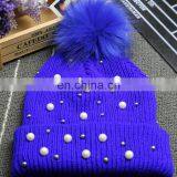 Winter pearls fur pom pom bobble hats high quality knitted hats wholesale