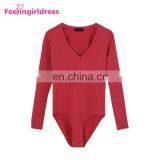 Pure Color Slim V-Neck Long Sleeve Adult Bodysuit One Piece Party Wear Jumpsuits thumbnail-3