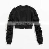 Women Zip up Buckle Close Long Ruched Sleeve Cropped Black Bomber Jacket thumbnail-2