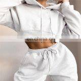 Women Causal Plain Loose 2 Pieces Drawstring Jogger Sweatpants Crop Hoodie Set thumbnail-5