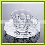Clear engraved shot glass cup and saucer,unique trumpet shaped glass cup with shell shaped coaster