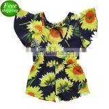 2019 1-5years Summer Fly Sleeved Sunflower Print Bodysuit Baby Girls Rompers Kids Floral Clothing Set thumbnail-1