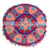 Round Uzbekistan Suzani Cushion Cover Embroidered Pillows Decorative Throw Pillow Case Indian Pom Pom Outdoor Cushion Cover thumbnail-4