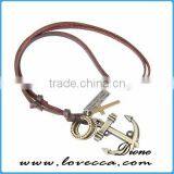 Wholesale Bronze Tone Anchor Pendant Necklace Brown Adjustable Vintage Leather Cord Necklace thumbnail-1
