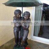 Garden Children Bronze Sculptures With Umbrella Statue thumbnail-1