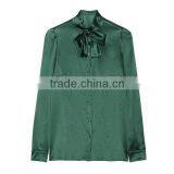 New High Quality Lady Simple Long Sleeve Green Satin Pussy Bow Blouse thumbnail-2