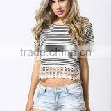 European Style Sexy Women Fashion Round Neck White Short Sleeve Top Stripe Cropped T-shirt 2017 thumbnail-2