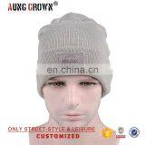 Custom Stripe Beanie With Custom Patch Label Grey Beanie Hats thumbnail-4