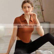 Yoga Suit New Sexy Female Summer Sports Tight Running Short Sleeve Cuff Show Thin Coat Lapels Quick-drying T-shirt