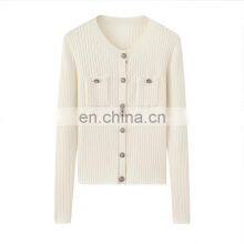 Wholesale Rib Knitted Round Neck Sweater Women's Button Down Cashmere Cardigan thumbnail-1