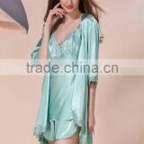 Ms Summer Sexy Female Emulation Silk Pajamas, Silk Nightgown Embroidered Condole Shorts Long-sleeved Gown Three Suits thumbnail-5