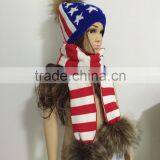 British and American Style Fashion Beanie Hat and Scarf Set With Natural Big Raccoon Fur Ball Decorate thumbnail-2