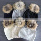 Navy Color Plain Cashmere Beanie Hat & Scarf With Raccoon Fur Pom Pom thumbnail-6