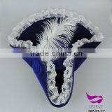 Blue flannelette Pirate Hat with white feather and lace for women