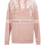 Women Oversized Loose Pockets Sides Crushed Velvet Panel Yoke Hoodie Pink Drop Shoulder Cotton Pullover thumbnail-5