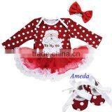 Xmas Santa Baby Red Polka Dots White Ruffles Long Sleeves Bodysuit Pettiskirt and Headband Crib Shoes NB-18M