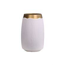 Wide Mouthed White Stripe Gild Hand Made Ceramic Vase For Hallway Decoration thumbnail-5