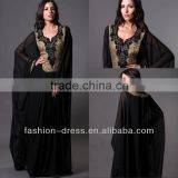 2014 New Long Sleeve Black Chiffon Abaya Evening Dress With Gold