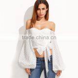 Ladies Sexy Slim Off Shoulder Blouses White Oversize Lantern Sleeve Belted Eyelet Top Blouse thumbnail-4