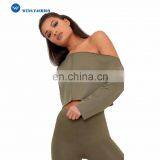 Custom High Quality Women 100% Polyester Khaki Off Shoulder Cropped Sweatshirts thumbnail-1