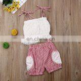 GIRL Sweet Summer Outfit Baby White Lace Ruffle Tops & Striped BLOOMERS 2pcs Sets thumbnail-4