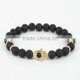 KJL-0100 New Design Black Natural Stone Lava Energy Beads Bracelet Black Agate Hamsa Bracelet For Uniex thumbnail-1