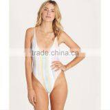 Customize Color Stripe Print One Piece Swimsuit High Cut Leg Low Scoop Back Swimwear Polyamide Elastane Blend Material Bodysuit thumbnail-5