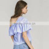 HOT Style Plaid Flouncing Short Sleeve, Women Sexy One-shoulder Blouse thumbnail-2