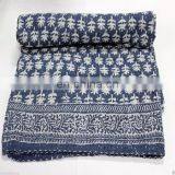 Village Women Made Kantha Bed Cover Indigo Dye Kantha Quilts Hand Quilted Throw thumbnail-1