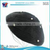 Wholesale Wool Black Pearl Beret Hat Cheap Lady Rhinestone Beret Cap thumbnail-1