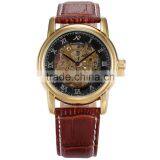 Kronen & Sohne Golden Skeleton Roman Numeral Automatic Mechanical Men's Leather Watch